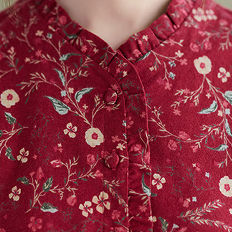 Buddha Stones Ethnic Printing Drawstring Long Sleeve Cotton Linen Maxi Dress With Pockets