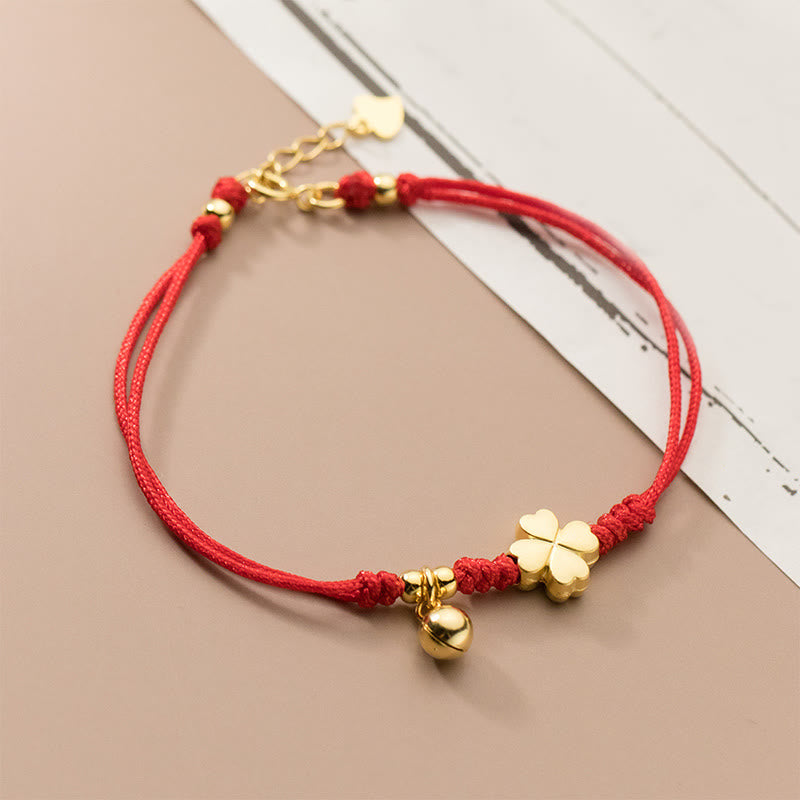 Buddha Stones 925 Sterling Silver Plated Gold Four Leaf Clover Red String Connection Bracelet