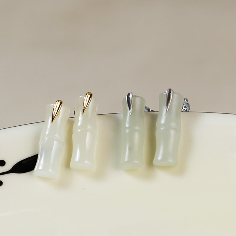 Buddha Stones Bamboo Hetian Jade 925 Sterling Silver Leaf Wealth Earrings