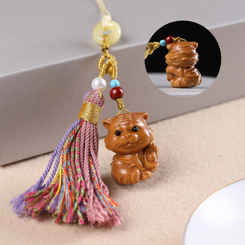Buddha Stones Sandalwood 12 Chinese Zodiac Blessing Colorful Tassel Accessories Keychain