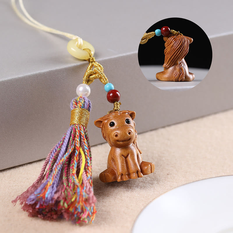 Buddha Stones Sandalwood 12 Chinese Zodiac Blessing Colorful Tassel Accessories Keychain