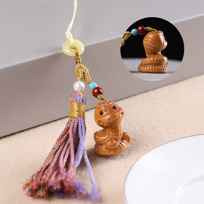 Buddha Stones Sandalwood 12 Chinese Zodiac Blessing Colorful Tassel Accessories Keychain
