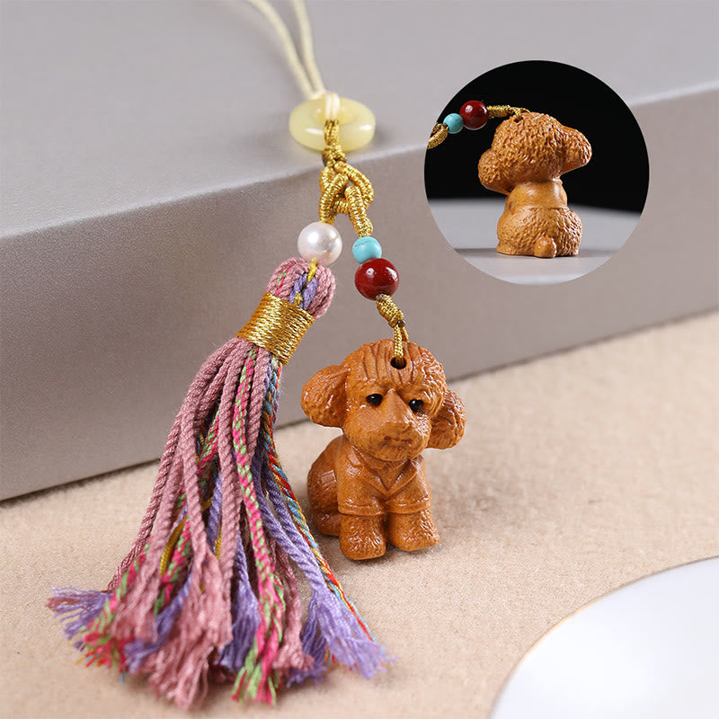Buddha Stones Sandalwood 12 Chinese Zodiac Blessing Colorful Tassel Accessories Keychain