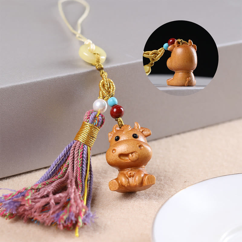 Buddha Stones Sandalwood 12 Chinese Zodiac Blessing Colorful Tassel Accessories Keychain