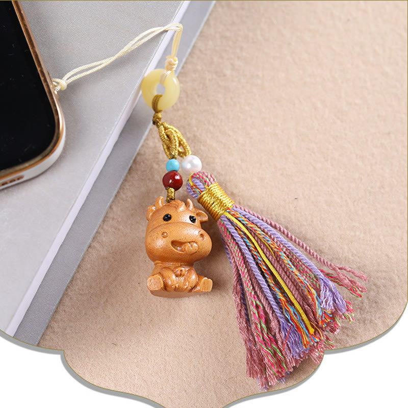 Buddha Stones Sandalwood 12 Chinese Zodiac Blessing Colorful Tassel Accessories Keychain
