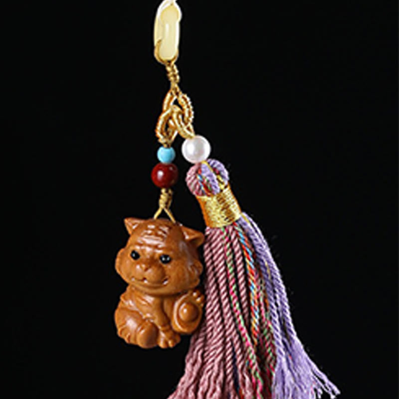 Buddha Stones Sandalwood 12 Chinese Zodiac Blessing Colorful Tassel Accessories Keychain