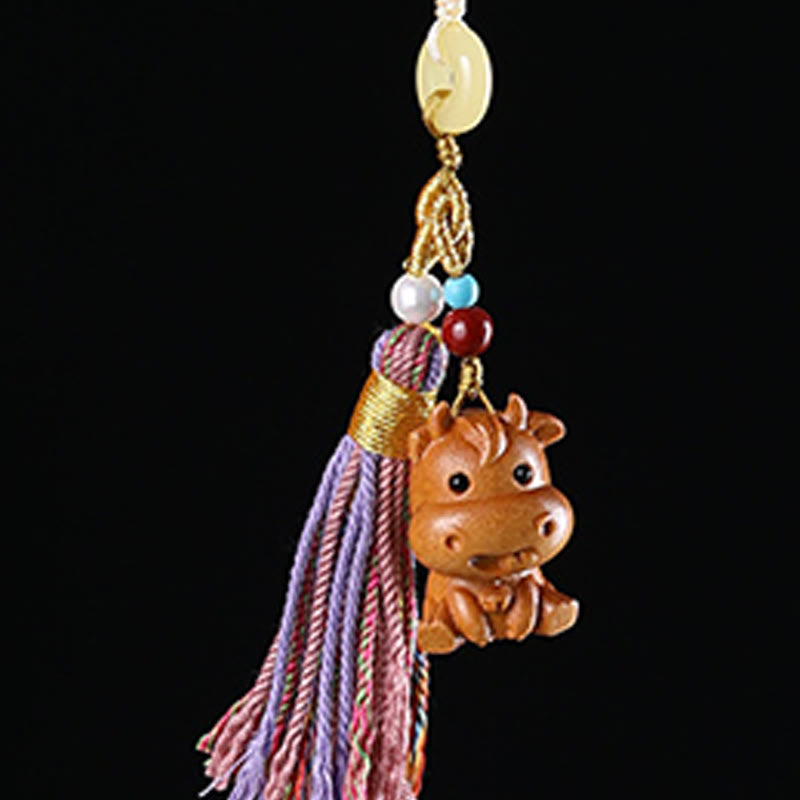 Buddha Stones Sandalwood 12 Chinese Zodiac Blessing Colorful Tassel Accessories Keychain