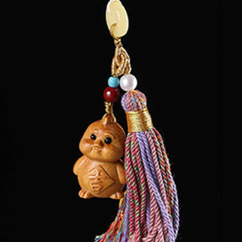 Buddha Stones Sandalwood 12 Chinese Zodiac Blessing Colorful Tassel Accessories Keychain