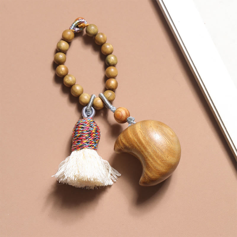Buddha Stones Natural Green Sandalwood Colored Rope Tassels Star Moon Abundance Key Chain
