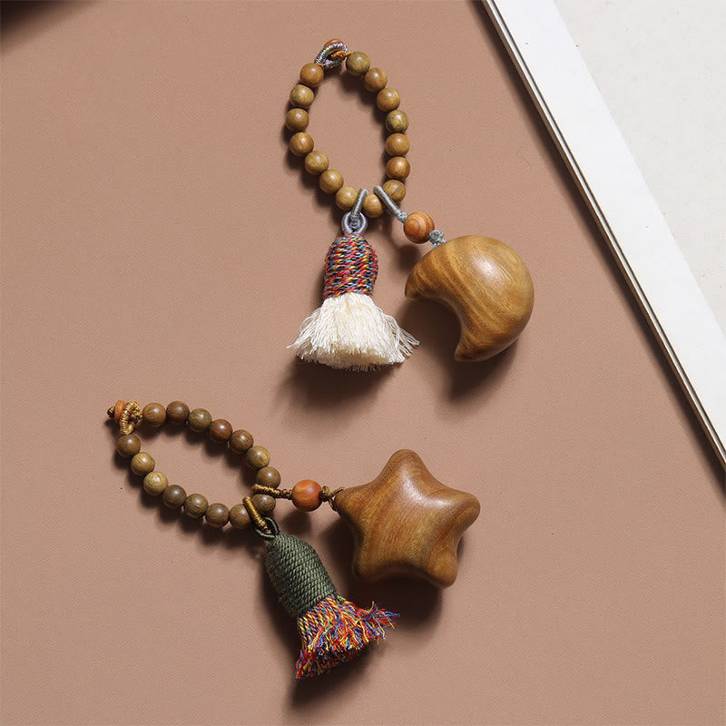 Buddha Stones Natural Green Sandalwood Colored Rope Tassels Star Moon Abundance Key Chain