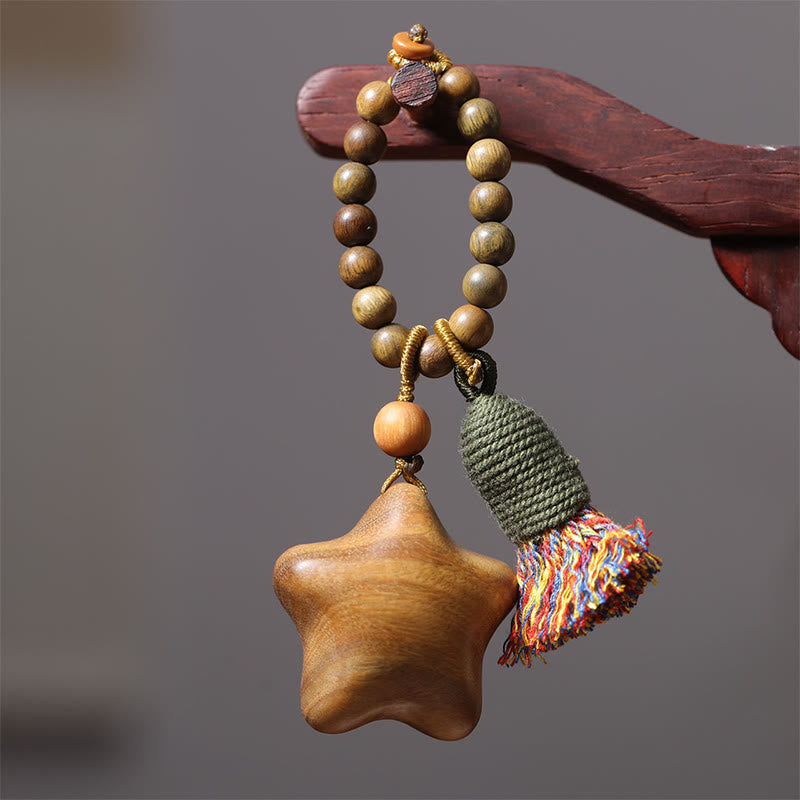 Buddha Stones Natural Green Sandalwood Colored Rope Tassels Star Moon Abundance Key Chain
