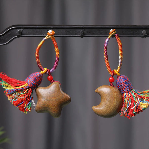 Buddha Stones Tibetan Colored Rope Green Sandalwood Star Moon Peace Key Chain