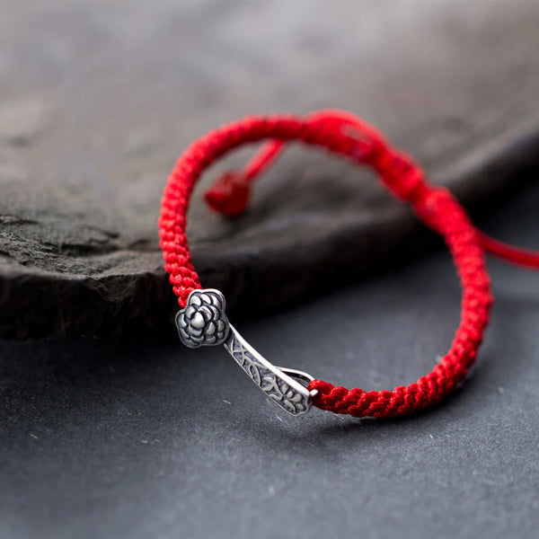 Buddha Stones Retro 925 Sterling Silver Ruyi As One Wishes Red String Braided Luck Bracelet