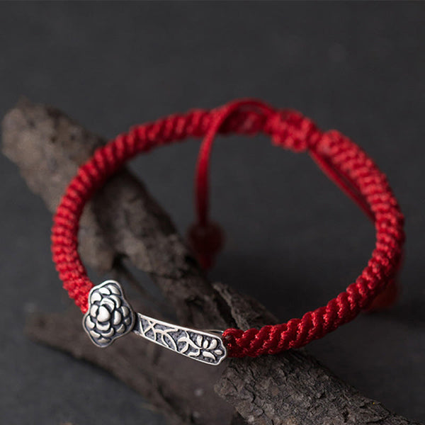 Buddha Stones Retro 925 Sterling Silver Ruyi As One Wishes Red String Braided Luck Bracelet