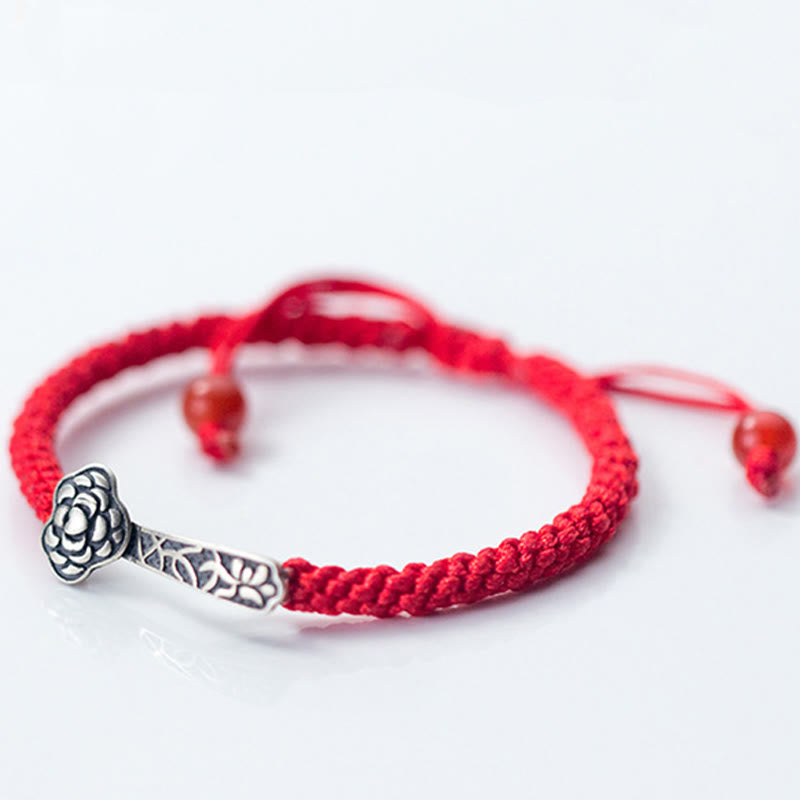 Buddha Stones Retro 925 Sterling Silver Ruyi As One Wishes Red String Braided Luck Bracelet
