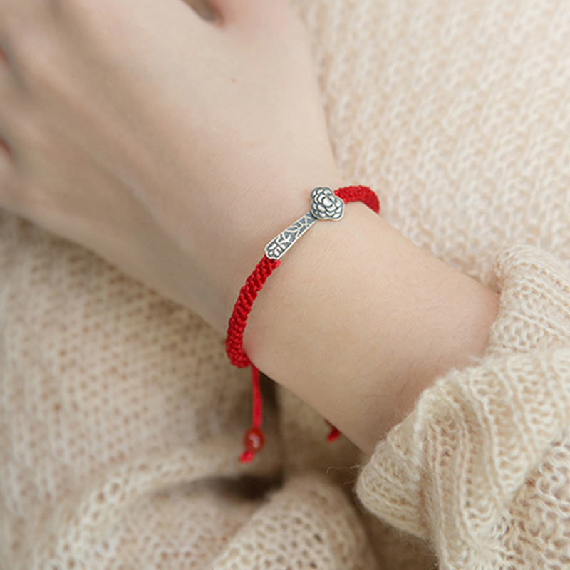 Buddha Stones Retro 925 Sterling Silver Ruyi As One Wishes Red String Braided Luck Bracelet