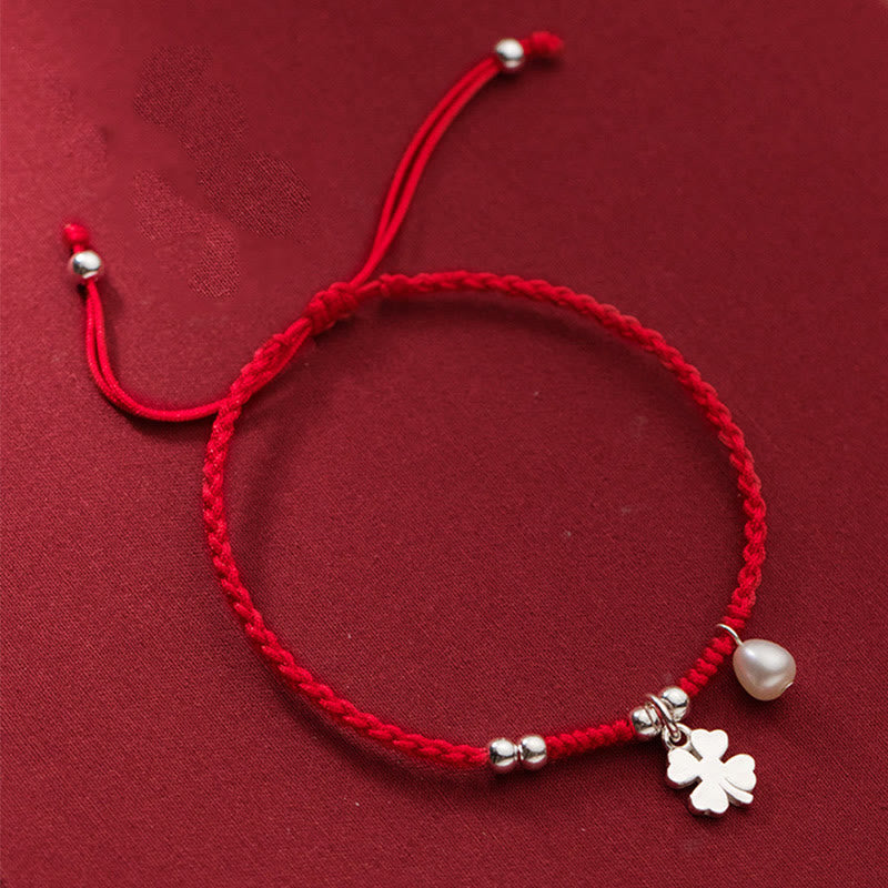Buddha Stones Retro 925 Sterling Silver Four Leaf Clover Pearl Luck Red String Bracelet