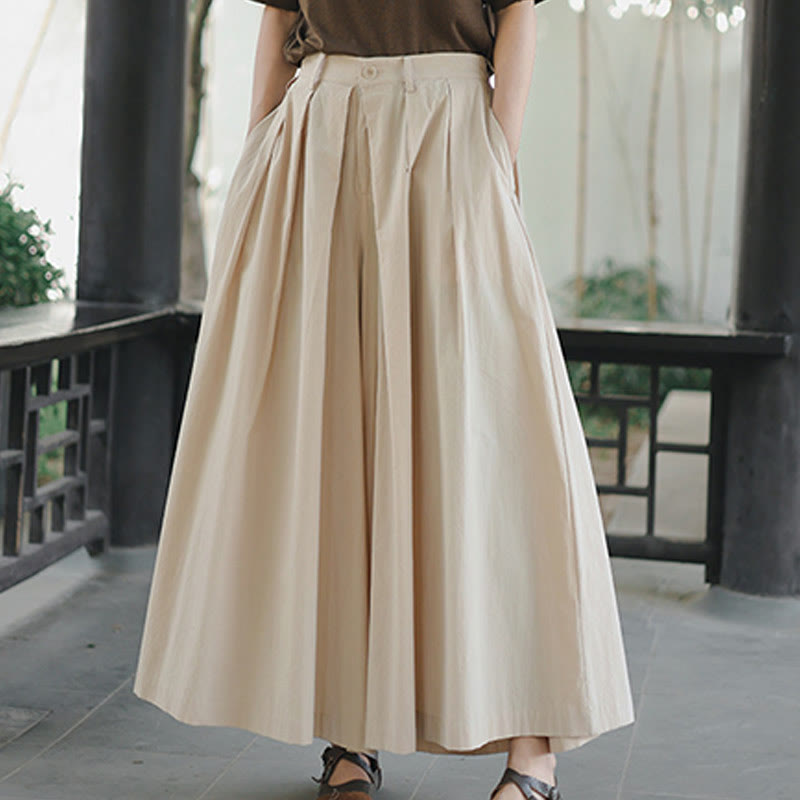 Buddha Stones Casual Plain Loose Cotton Women's Wide Leg Pants With Pockets