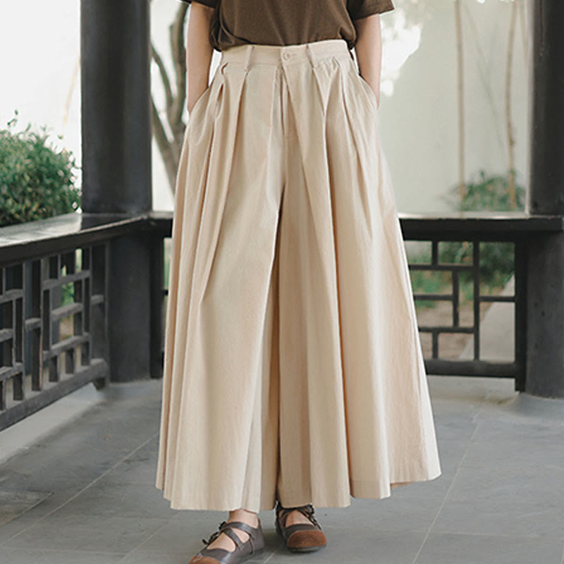 Buddha Stones Casual Plain Loose Cotton Women's Wide Leg Pants With Pockets