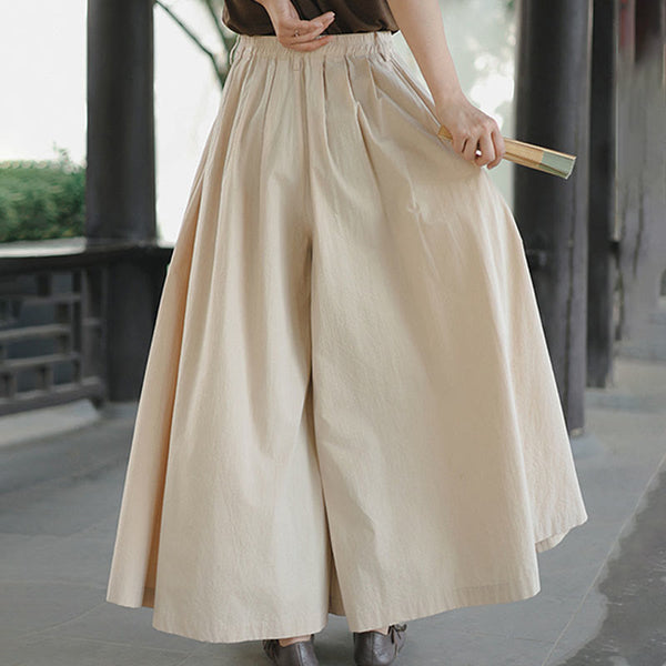 Buddha Stones Casual Plain Loose Cotton Women's Wide Leg Pants With Pockets