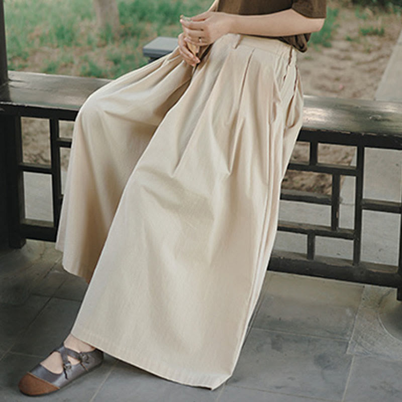Buddha Stones Casual Plain Loose Cotton Women's Wide Leg Pants With Pockets