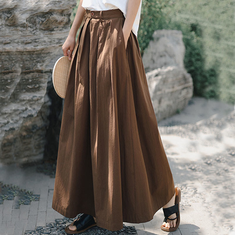 Buddha Stones Casual Plain Loose Cotton Women's Wide Leg Pants With Pockets