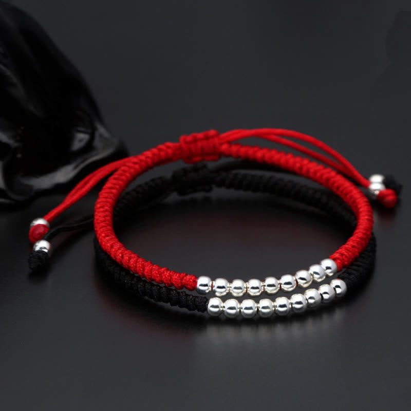 Buddha Stones Retro 925 Sterling Silver Simple Beads Knot Design Luck String Bracelet