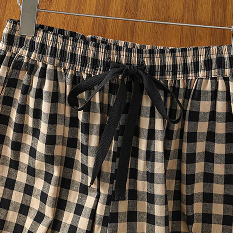 Buddha Stones Casual Cotton Stitching Grid Women's 7-8 Length Wide Leg Pants With Pockets