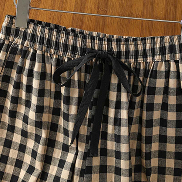 Buddha Stones Casual Cotton Stitching Grid Women's 7-8 Length Wide Leg Pants With Pockets