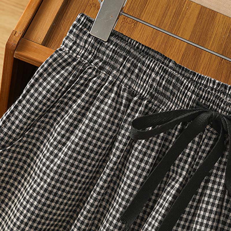 Buddha Stones Casual Cotton Stitching Grid Women's 7-8 Length Wide Leg Pants With Pockets