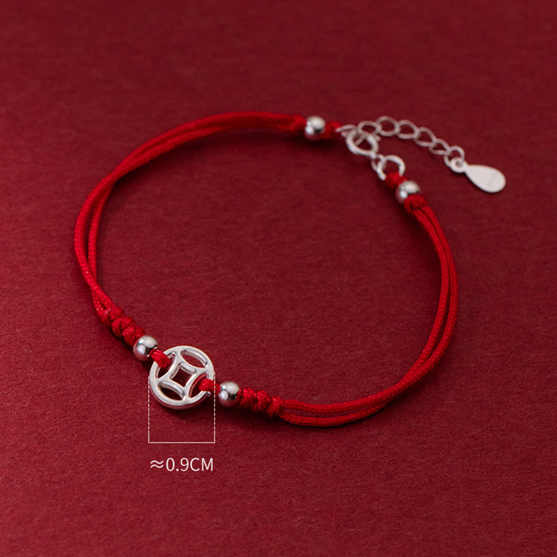 Buddha Stones 925 Sterling Silver Hollow Copper Coin Luck String Bracelet