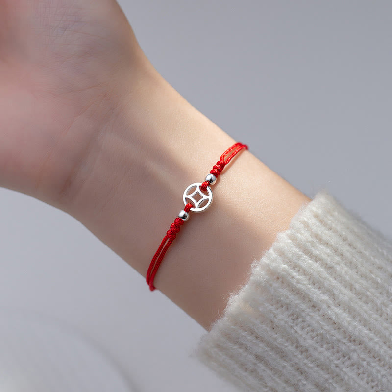 Buddha Stones 925 Sterling Silver Hollow Copper Coin Luck String Bracelet