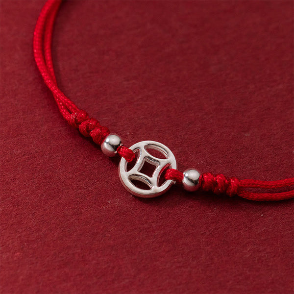 Buddha Stones 925 Sterling Silver Hollow Copper Coin Luck String Bracelet