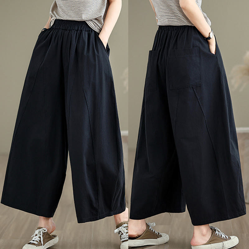 Buddha Stones Casual Plain Cotton Women's 7-8 Length Wide Leg Pants With Pockets