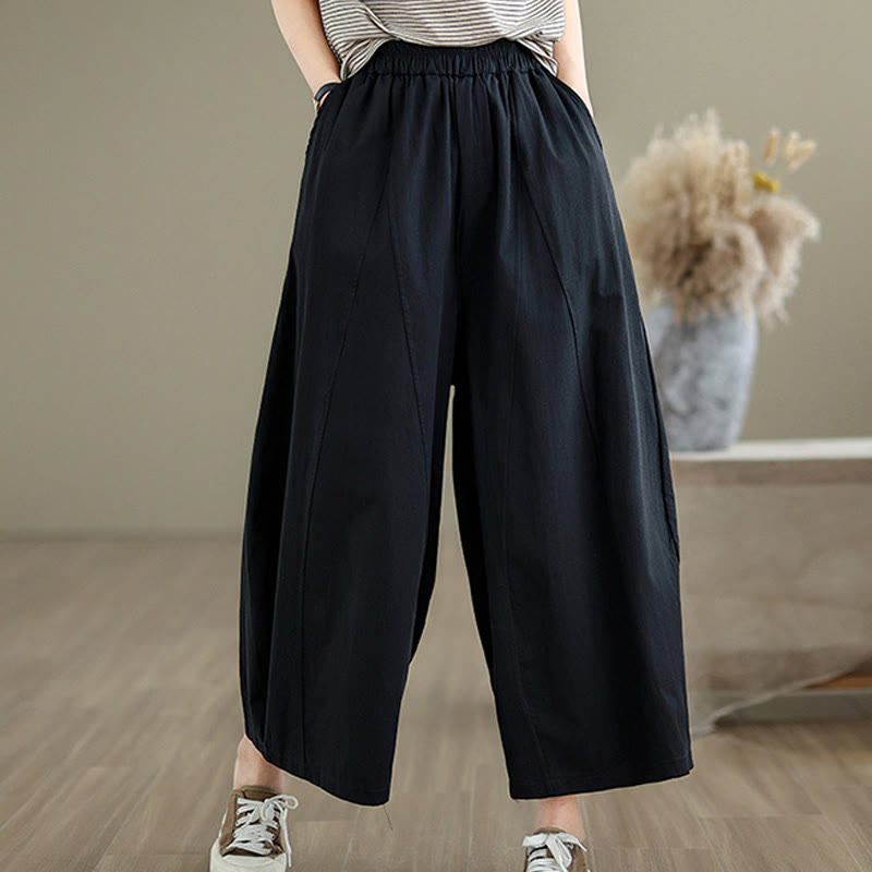 Buddha Stones Casual Plain Cotton Women's 7-8 Length Wide Leg Pants With Pockets