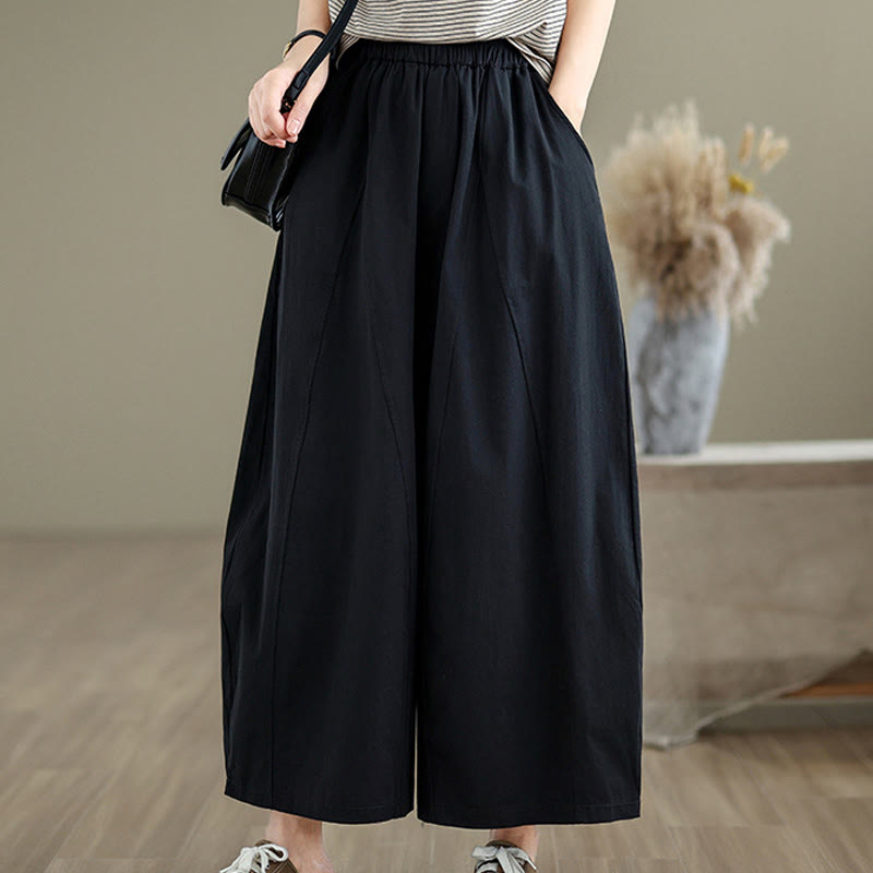 Buddha Stones Casual Plain Cotton Women's 7-8 Length Wide Leg Pants With Pockets