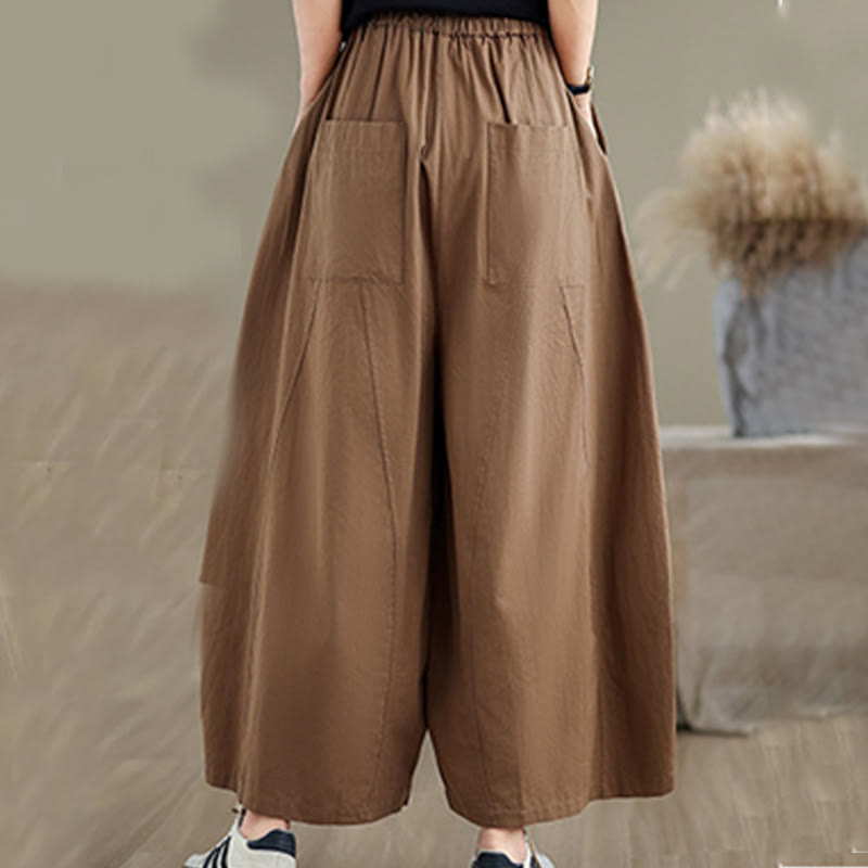 Buddha Stones Casual Plain Cotton Women's 7-8 Length Wide Leg Pants With Pockets