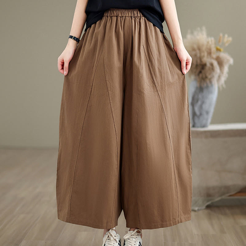 Buddha Stones Casual Plain Cotton Women's 7-8 Length Wide Leg Pants With Pockets