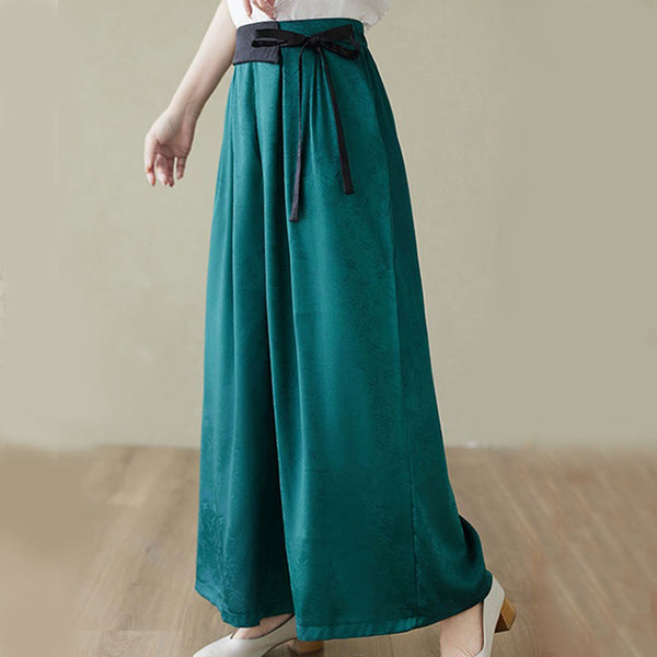 Buddha Stones Casual Jacquard Lace-up Cotton Women's Wide Leg Pants With Pockets