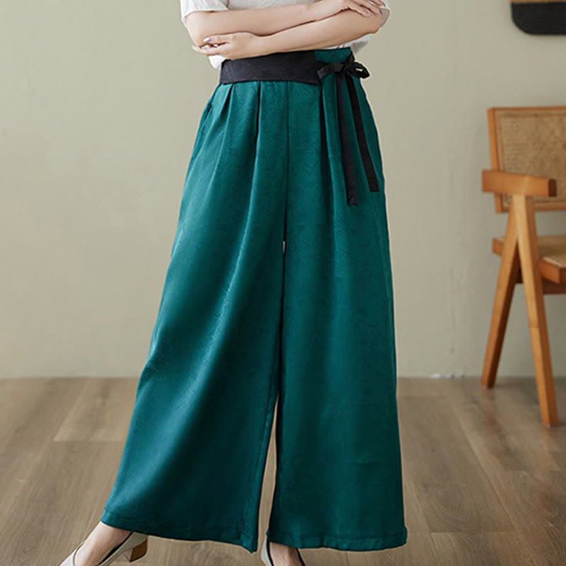 Buddha Stones Casual Jacquard Lace-up Cotton Women's Wide Leg Pants With Pockets