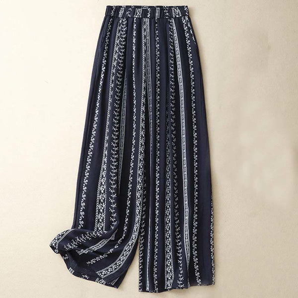 Buddha Stones Casual Vertical Printing Cotton Linen Women's Wide Leg Pants With Pockets
