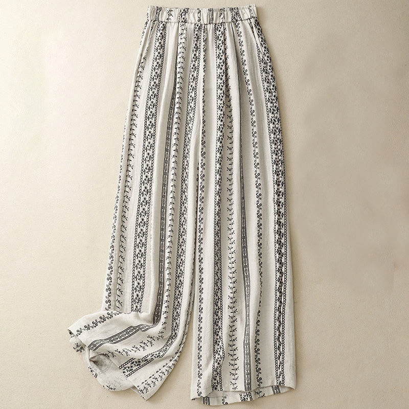 Buddha Stones Casual Vertical Printing Cotton Linen Women's Wide Leg Pants With Pockets