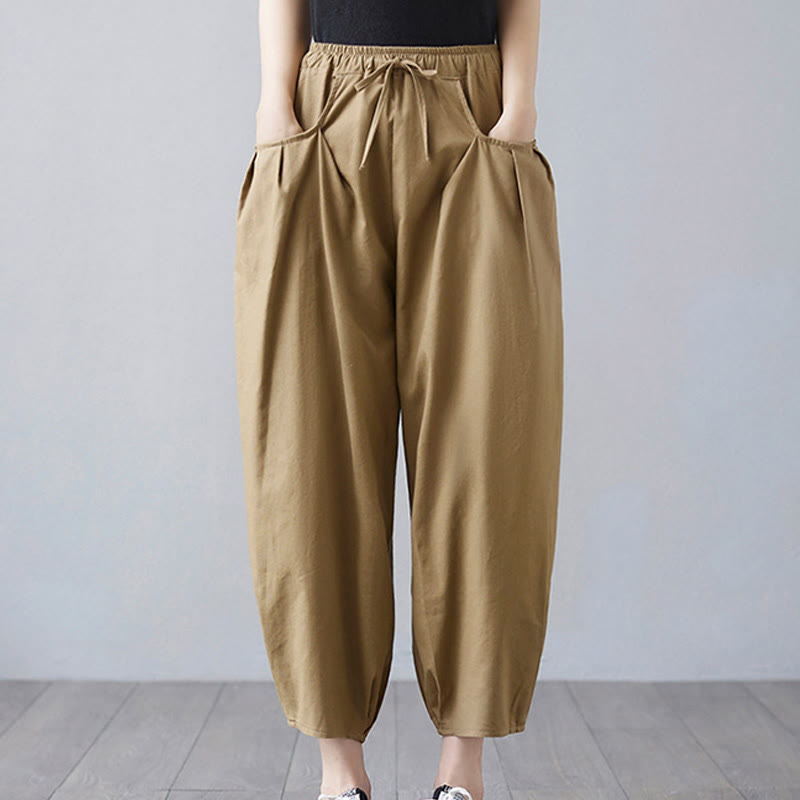 Buddha Stones Summer Plain Cropped Pants Women's Cotton Linen Harem Pants With Pockets