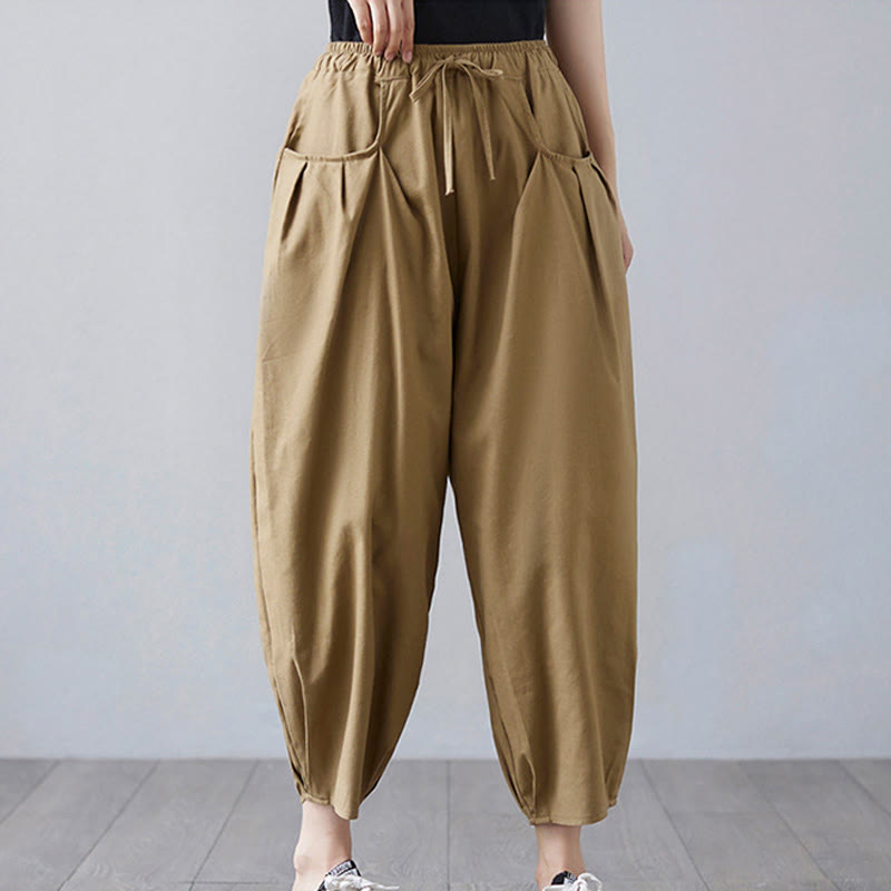 Buddha Stones Summer Plain Cropped Pants Women's Cotton Linen Harem Pants With Pockets
