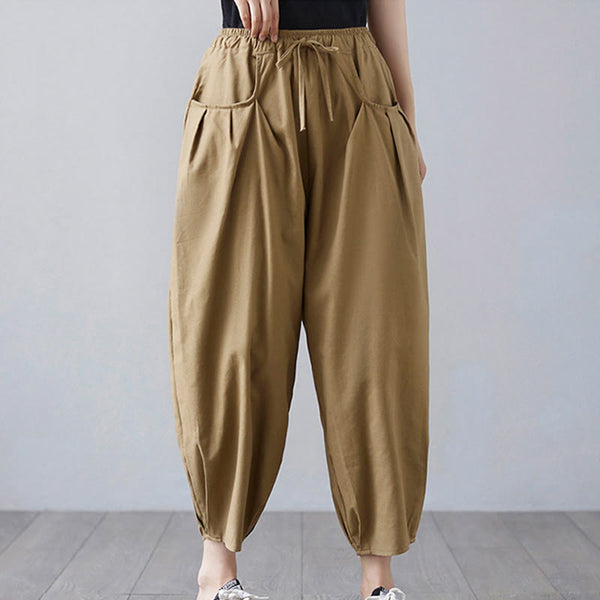 Buddha Stones Summer Plain Cropped Pants Women's Cotton Linen Harem Pants With Pockets