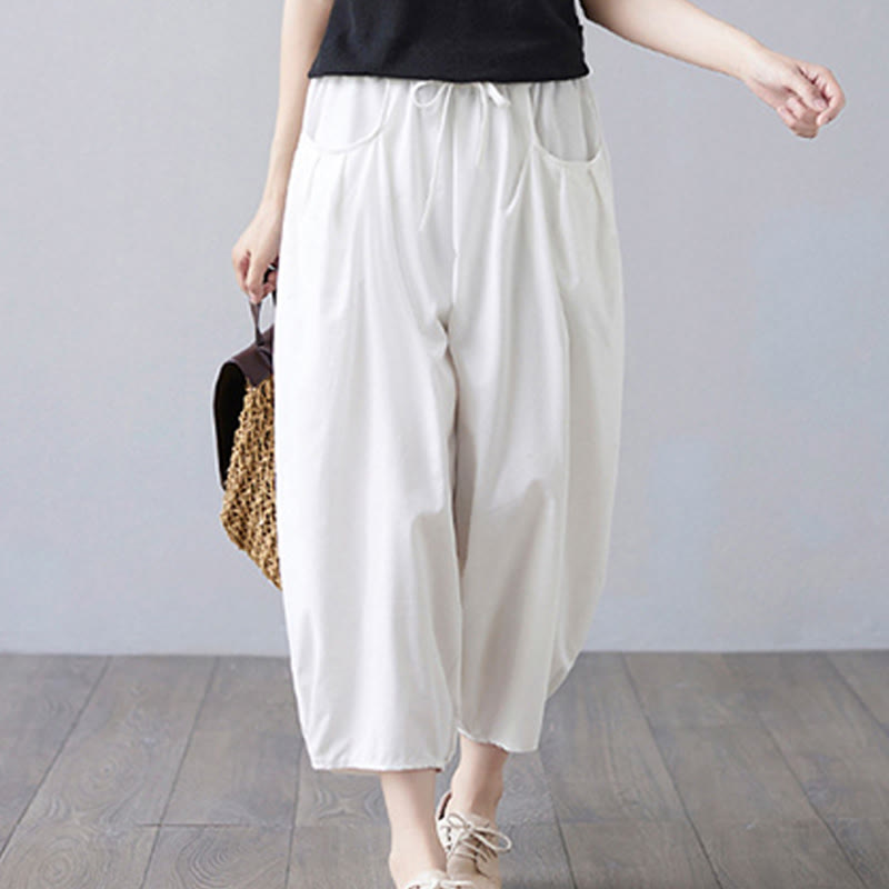 Buddha Stones Summer Plain Cropped Pants Women's Cotton Linen Harem Pants With Pockets