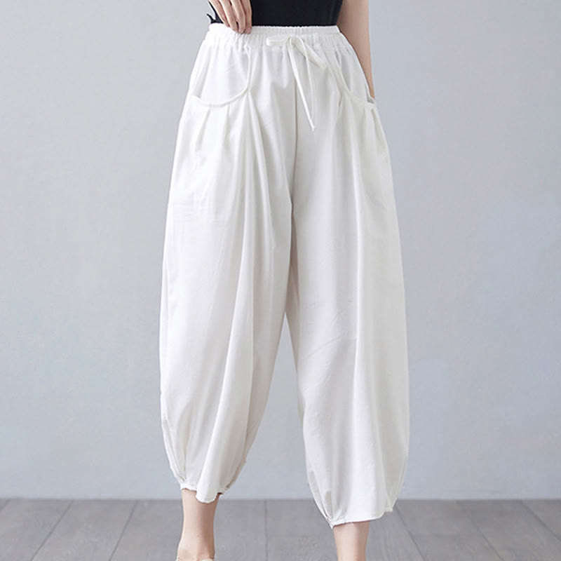 Buddha Stones Summer Plain Cropped Pants Women's Cotton Linen Harem Pants With Pockets