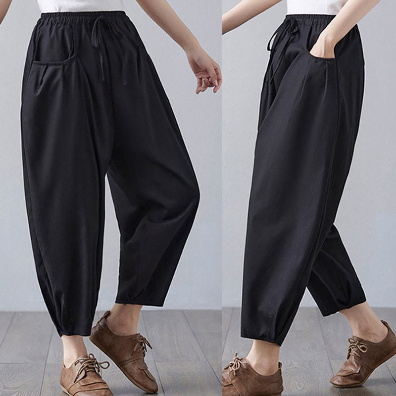 Buddha Stones Summer Plain Cropped Pants Women's Cotton Linen Harem Pants With Pockets