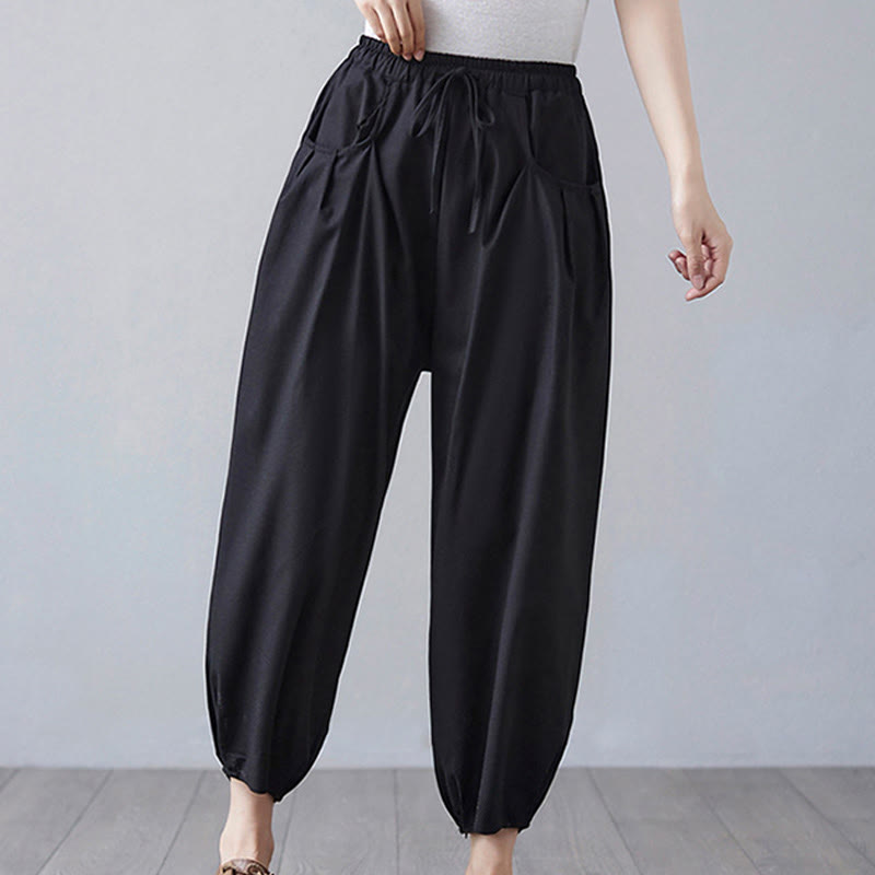 Buddha Stones Summer Plain Cropped Pants Women's Cotton Linen Harem Pants With Pockets