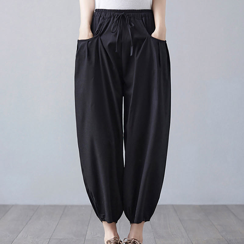 Buddha Stones Summer Plain Cropped Pants Women's Cotton Linen Harem Pants With Pockets